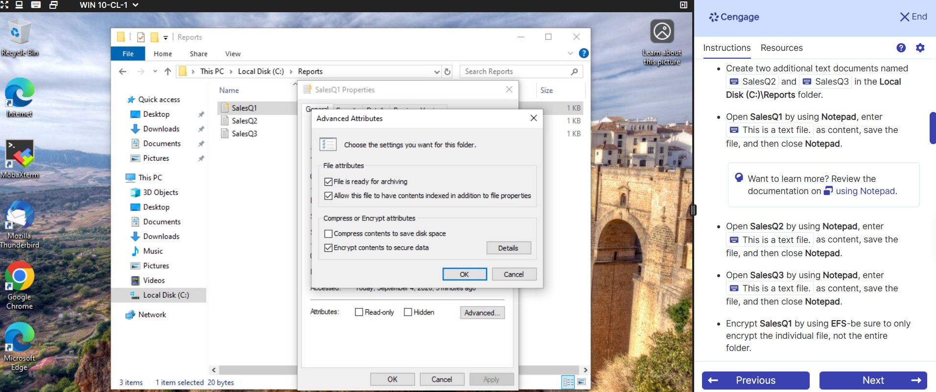 Windows Advanced Attributes dialog showing the option to encrypt file contents in a controlled CYSE 600 lab.