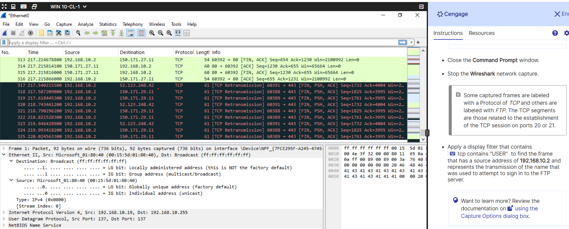 Wireshark display filtered for an FTP USER command in a controlled CYSE 600 lab.