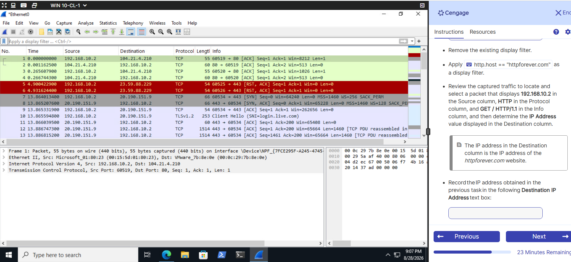 Wireshark packet capture from an authorized CYSE 600 Cengage lab showing TCP and TLS traffic, packet addresses, ports, and protocol details.
