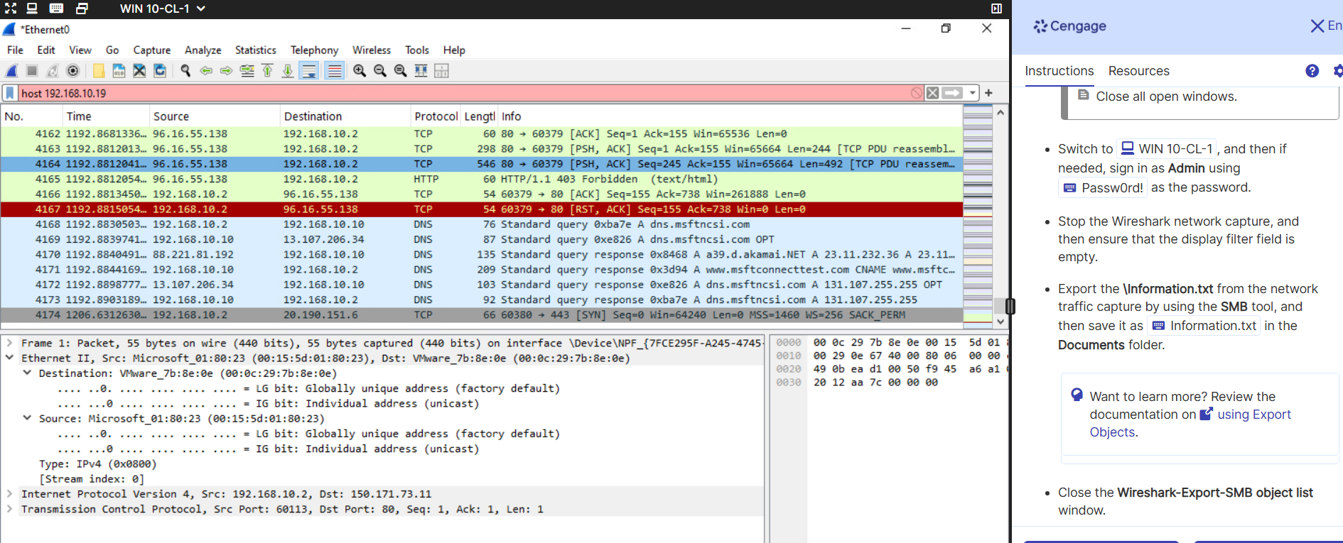 Wireshark capture used to export an Information text file from SMB traffic in a controlled CYSE 600 lab.